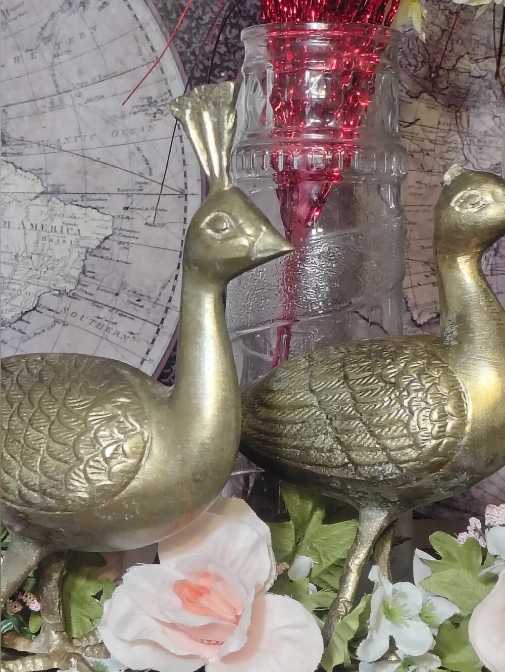 Stunning Vintage Brass Peacock Peahen Figurine Pair Pierced Openwork Tails 18"